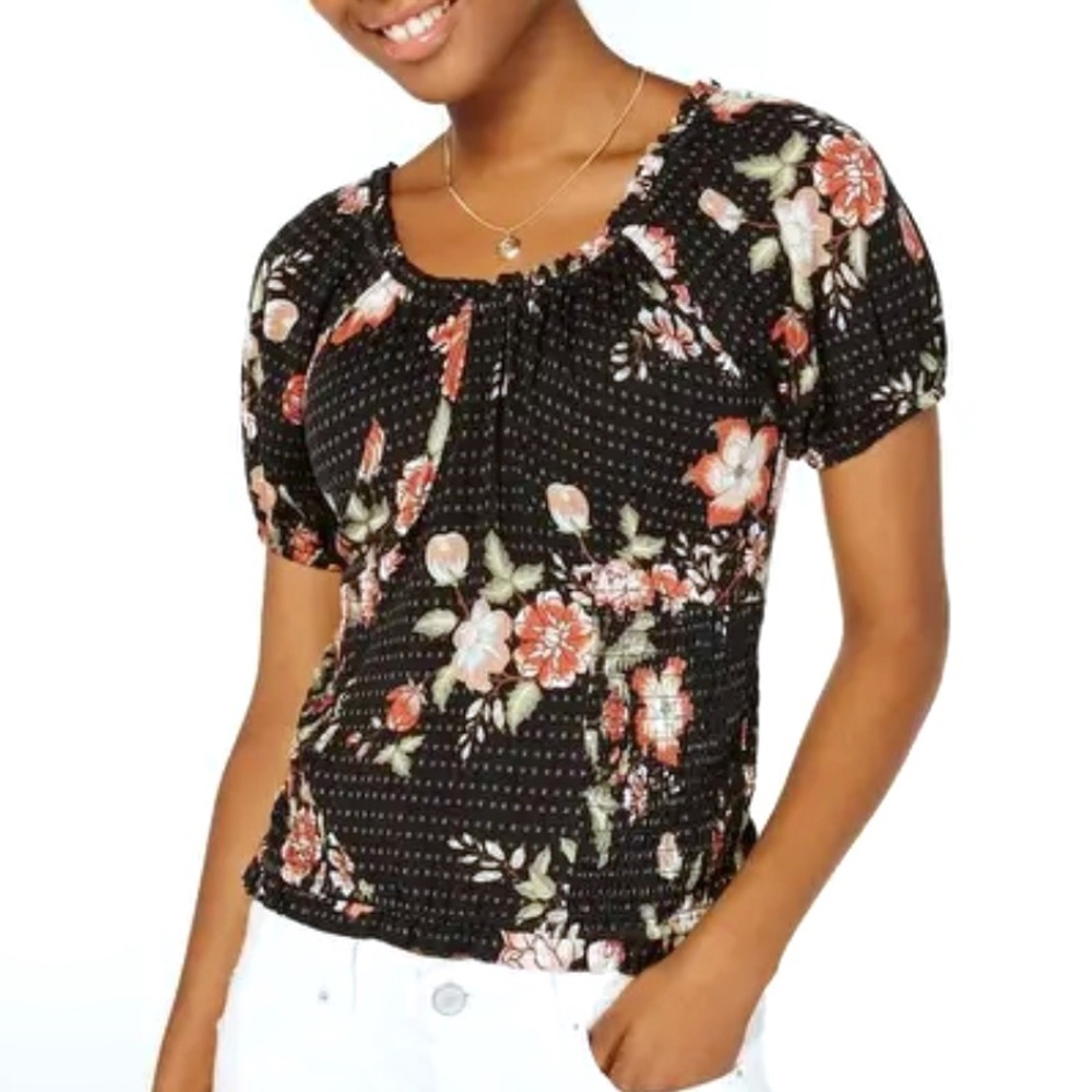 American Rag Sunday Brunch Smocked Black Floral Top Size Large Junior